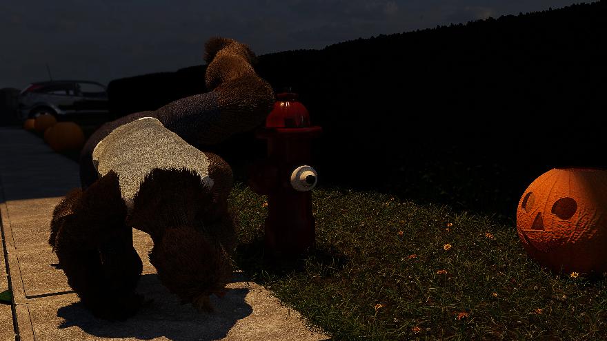 A 3D rendered image of the wolfman relieving himself on a fire hydrant at night.